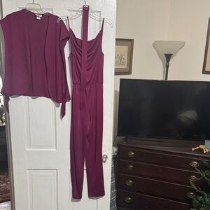 Chic Wine Jumpsuit and Cardigan Set